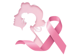 Pink ribbon and women’s silhouette symbolizing breast cancer awareness and support."