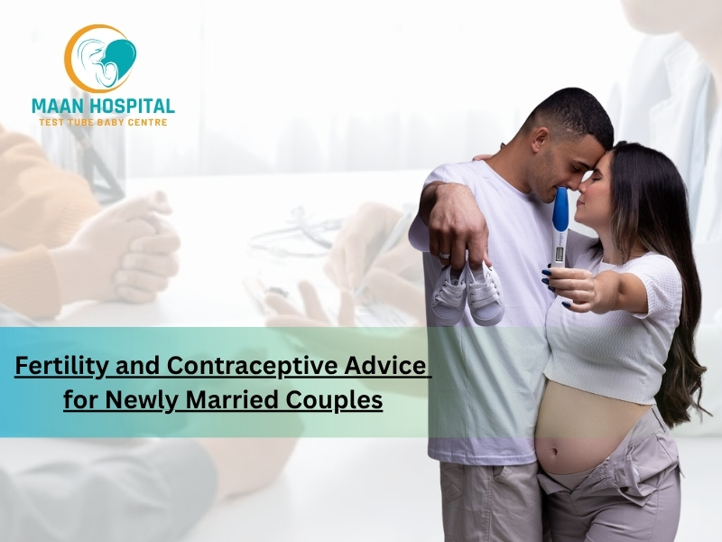 Pregnant couple holding baby shoes and pregnancy test in front of Maan Hospital Test Tube Baby Centre logo, illustrating best fertility treatment in Bhopal by expert gynecologist at the best test tube baby center