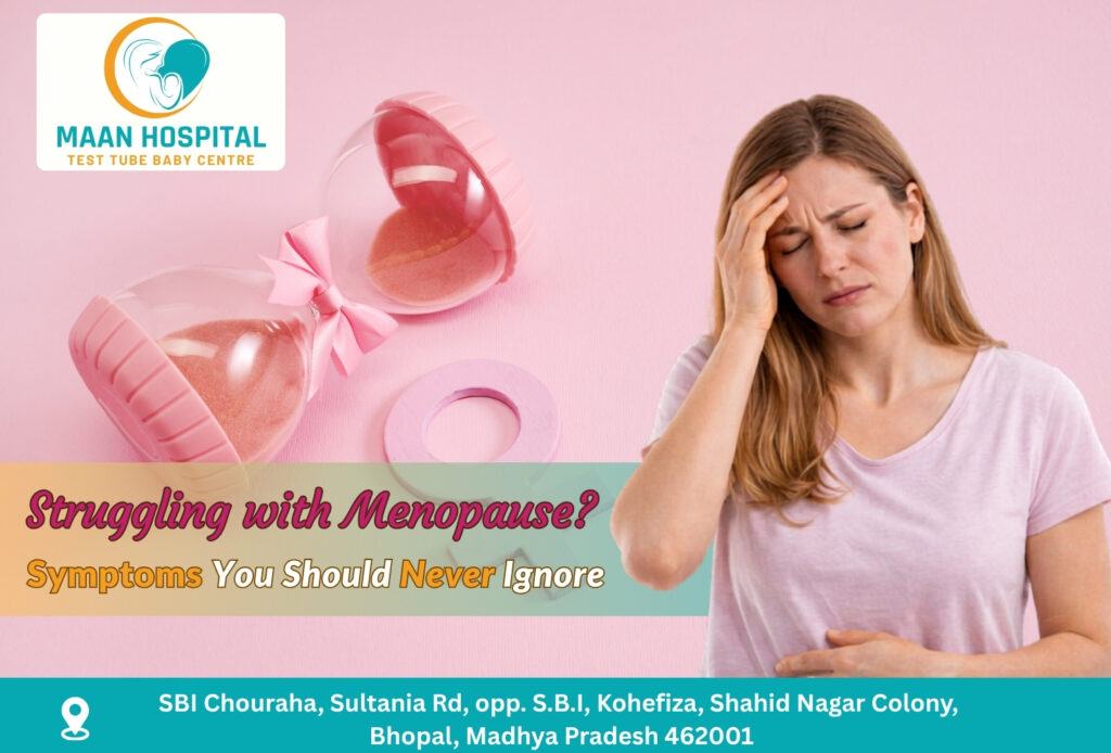 Woman experiencing menopause symptoms with medical awareness design at Maan Hospital Bhopal.
