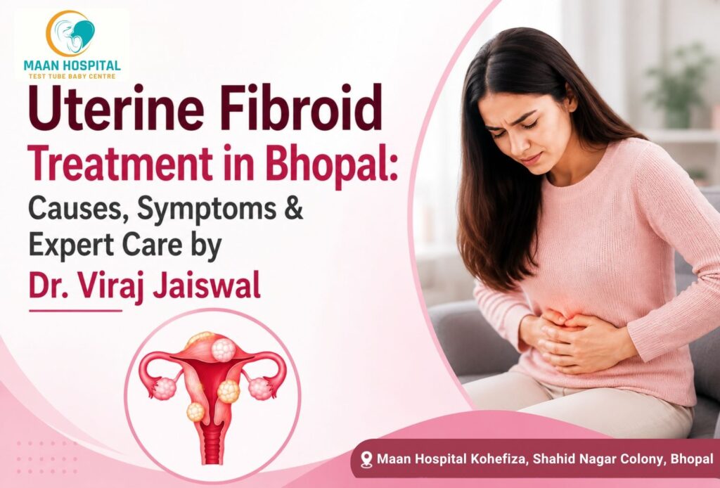Uterine Fibroid Treatment in Bhopal infographic featuring Dr. Viraj Jaiswal and highlighting uterine fibroids, their symptoms, causes, and expert gynecological care at Maan Hospital.