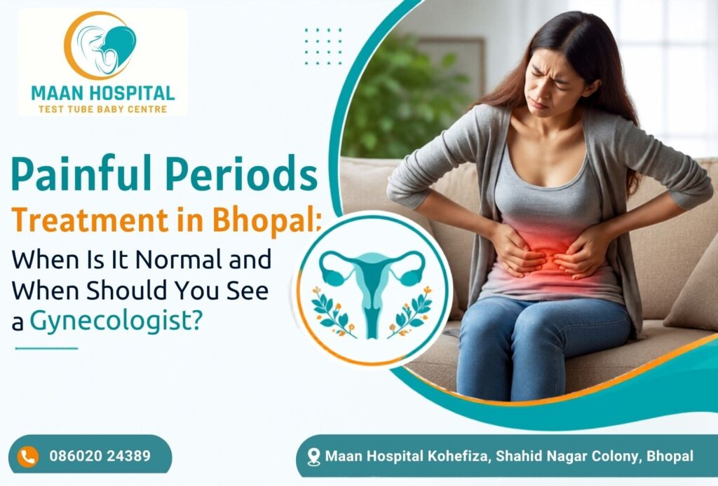 Painful Periods Treatment in Bhopal infographic explaining when period pain may be normal and when women should see a gynecologist, featuring Maan Hospital Test Tube Baby Centre branding.
